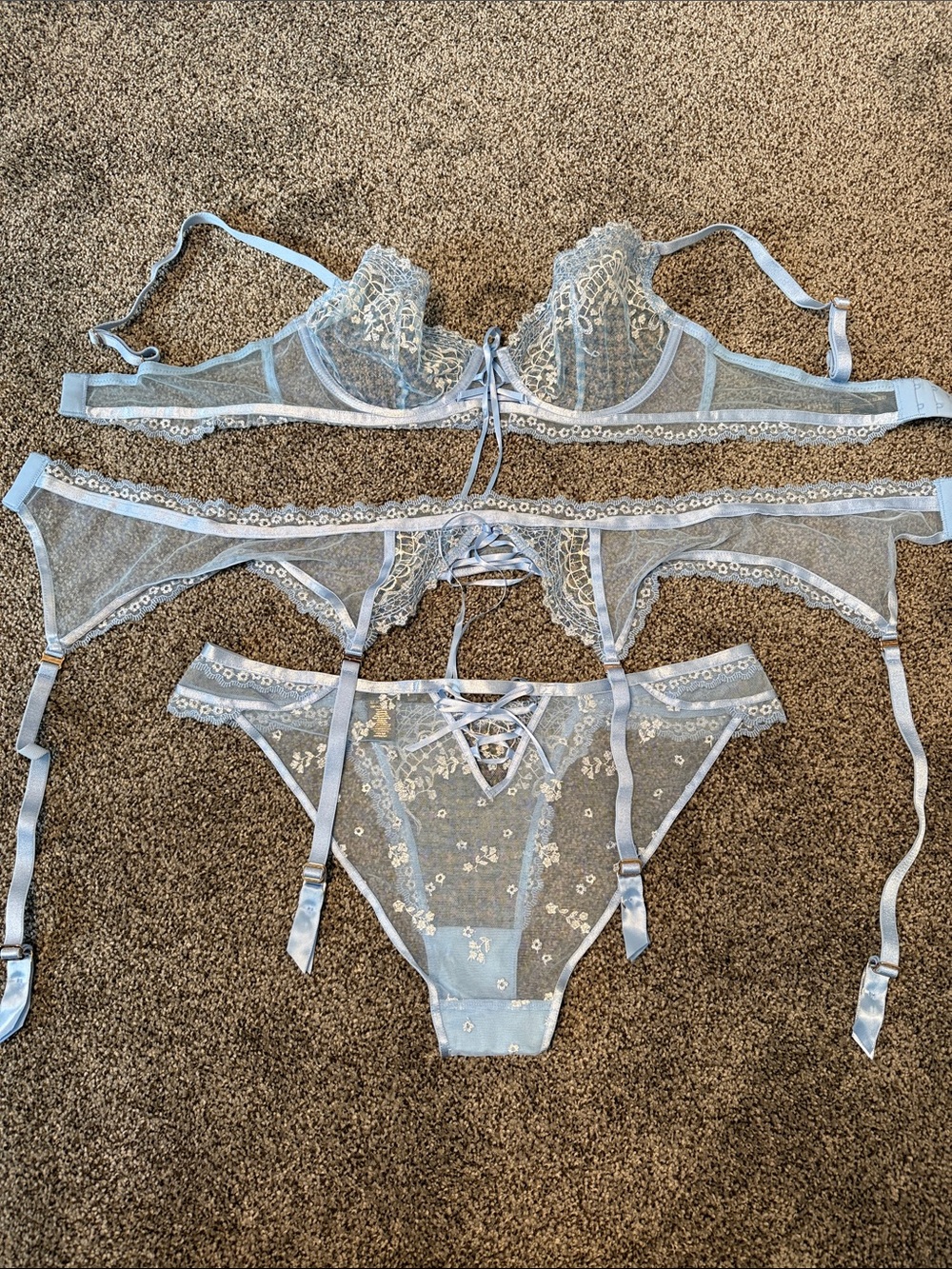Honey Birdette Pale Blue Sheer Lace Bra, Garter & Panty Set NWOT